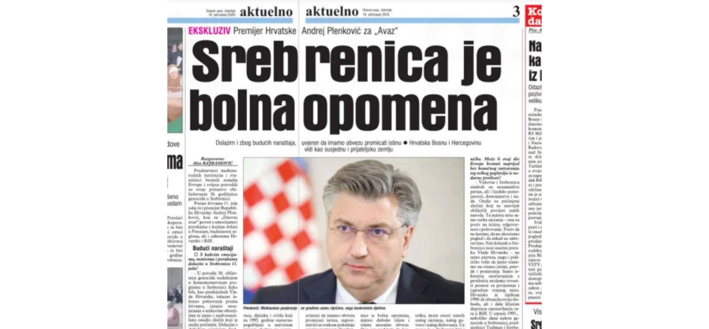 Premijer Plenković za Dnevni avaz: Srebrenica je bolna opomena